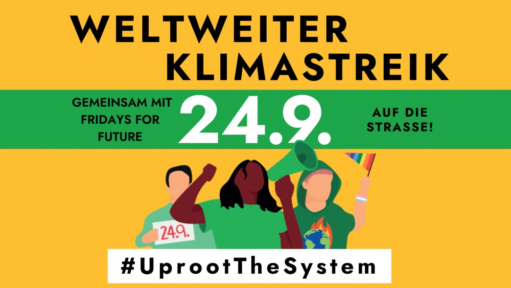 orange/grüner Banner mit Aktivist*innen und Daten zum weltweiten Klimastreik am 24.9.