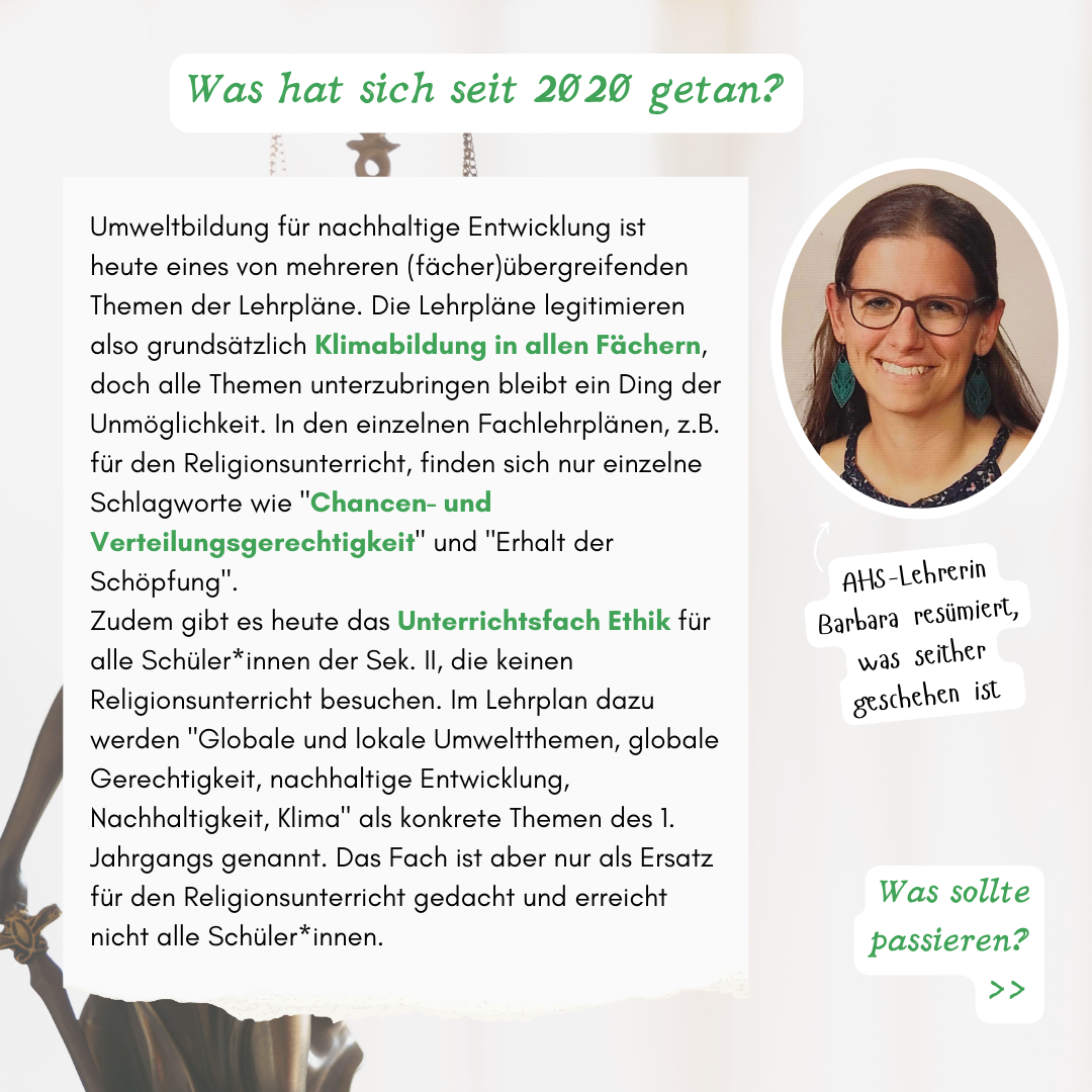 Was hat sich seit 2020 getan? AHS -Lehrerin Barbara resümiert, was inzwischen geschehen ist: 
