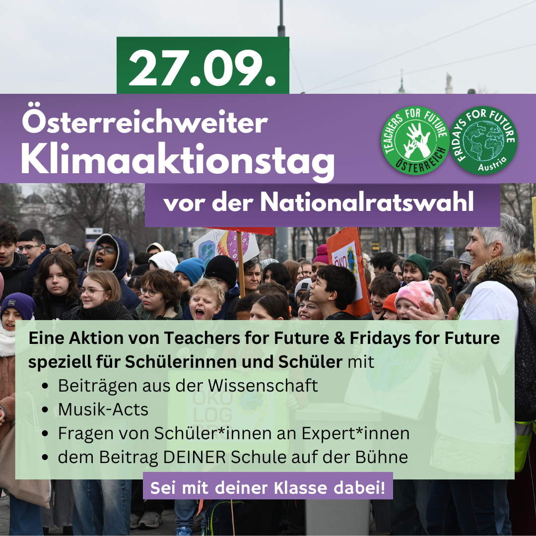 KAT24_TFF_-_Slide_1 Banner mit Aufschrift 'Klimaaktionstag 27.09.' über versammelten Schülerinnen und Besucherinnen – Hinweis auf österreichweiten Aktionstag.