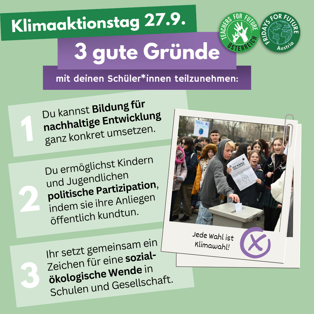 KAT24_TFF_-_Slide_2 Flyer-Slide '2 gute Gründe' mit Datum 27.09., illustriert mit Aktionselementen – Teil der visuellen Ankündigung des Klimaaktionstags.