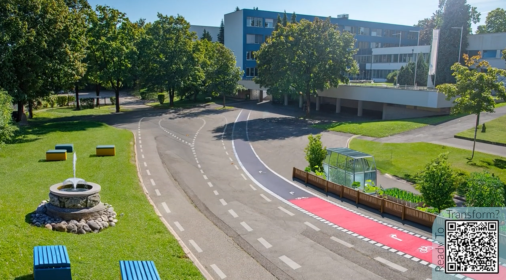 Im Video Ready To Transform sieht man eine utopische Vision der Gestaltung des Vorplatzes eines Gymnasiums.