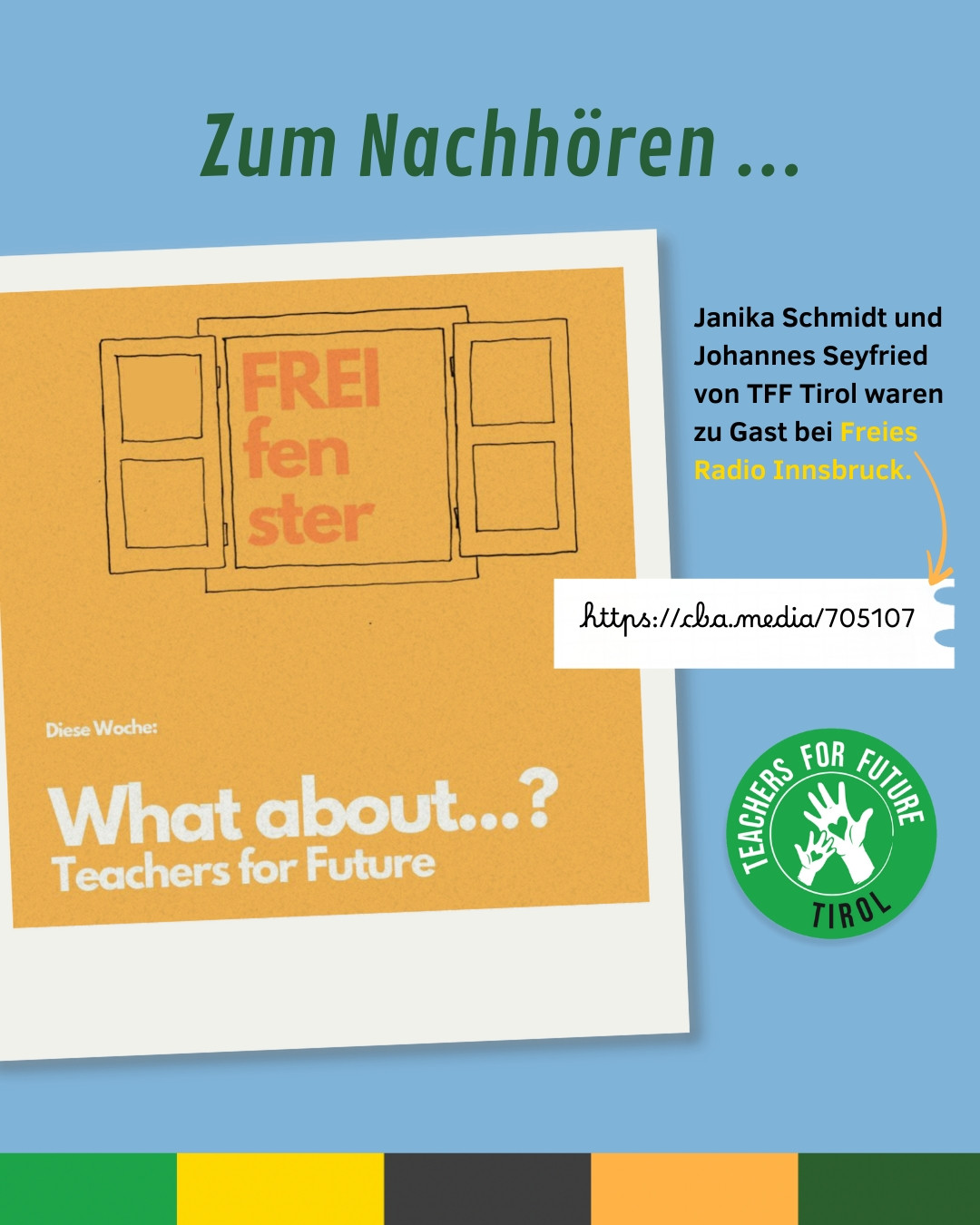 Social Media Bild mit Info zum Radiobeitrag der TFF-Tirol-Mitglieder Janika Schmidt und Johannes Seyfried