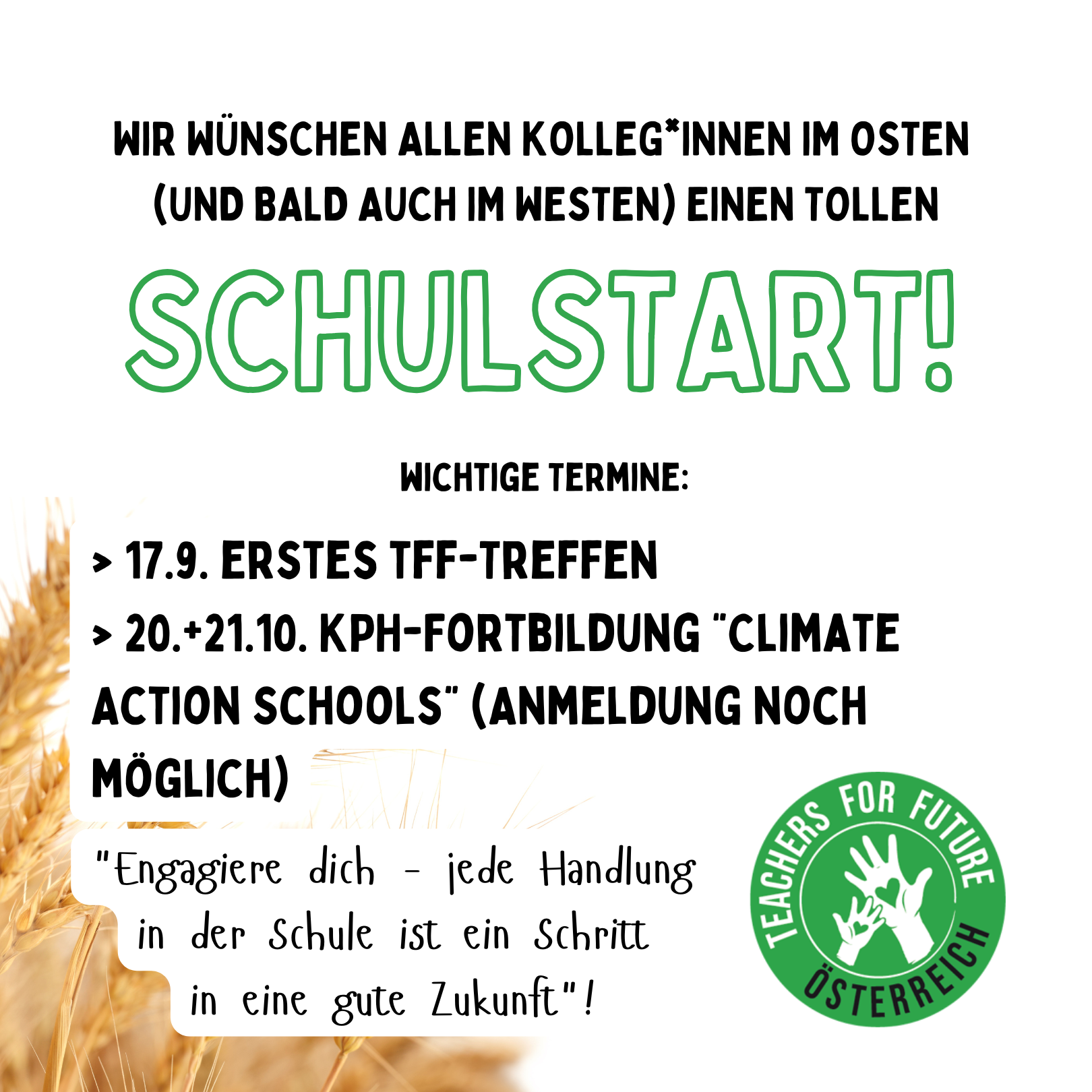 Canva Bild zu kommenden Fortbildungen (zb Climate action schools) und den besten Wünschen zum Schulstart 2025/26