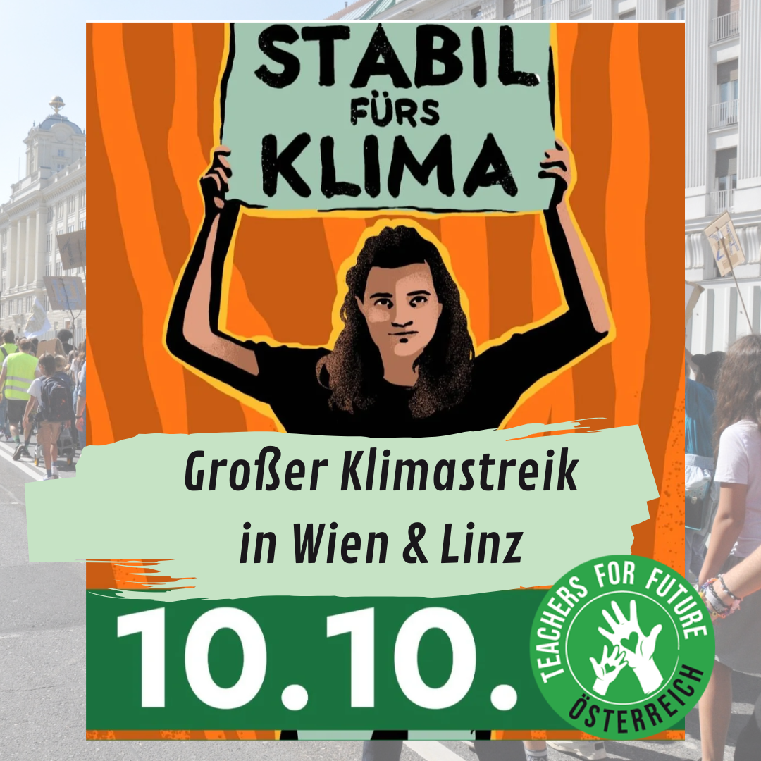 Mensch hält Plakat "Stabil fürs Klima" auf einem Plakat zum Klimastreik am 10.10.2025 in Wien und Linz
