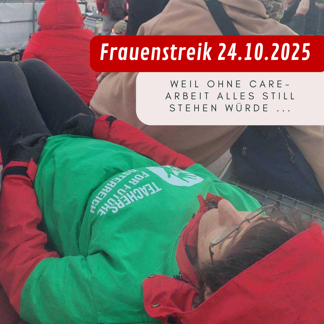 Nahaufnahme einer Person, die mit roter Jacke und Teachers for Future Tshirt vor dem Parlament beim Frauenstreik am Boden liegt