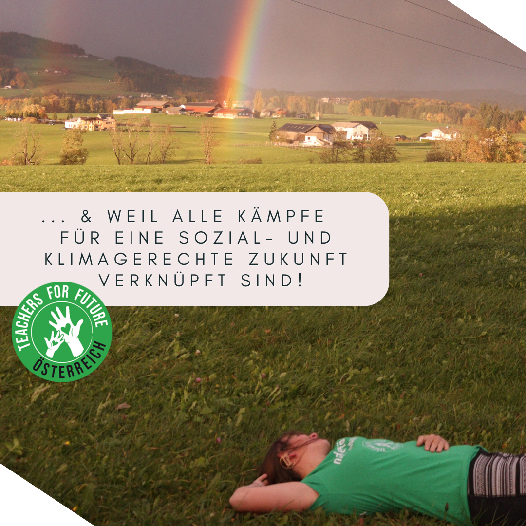 Person liegt mit Teachers for Future Tshirt auf einer Wiese, im Hintergrund ist ein Regenbogen zu sehen